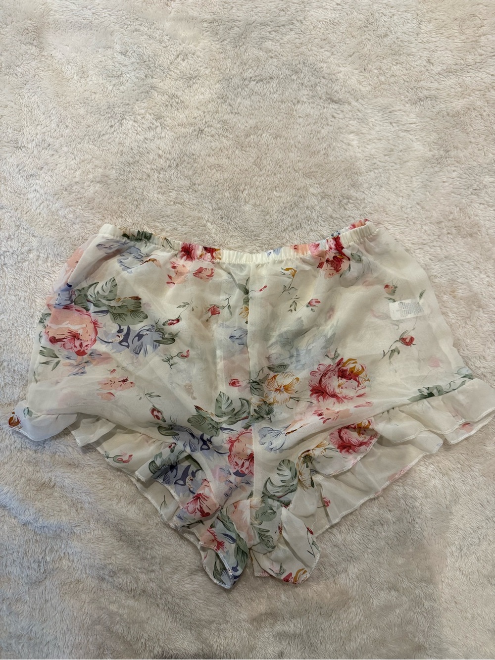 Sheer Floral Ruffle Shorts - White with Multicolor Flowers